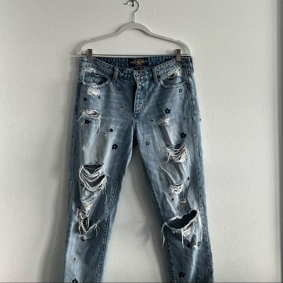 Lucky Brand light colored ripped jean, embroidered flowers sienna slim boyfriend - Picture 5 of 6